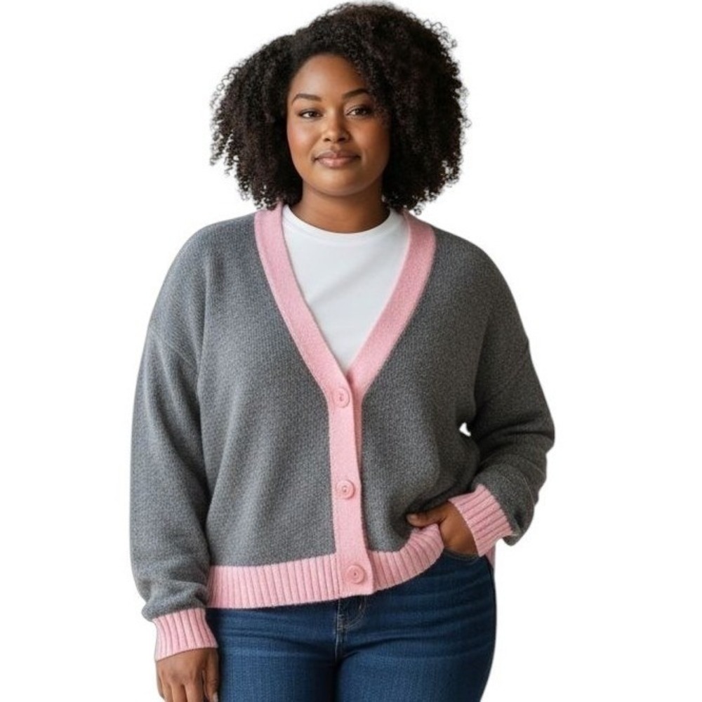 Primark Gray Pink Trim Knit Cardigan Sweater Womens Size L Long Sleeve Casual